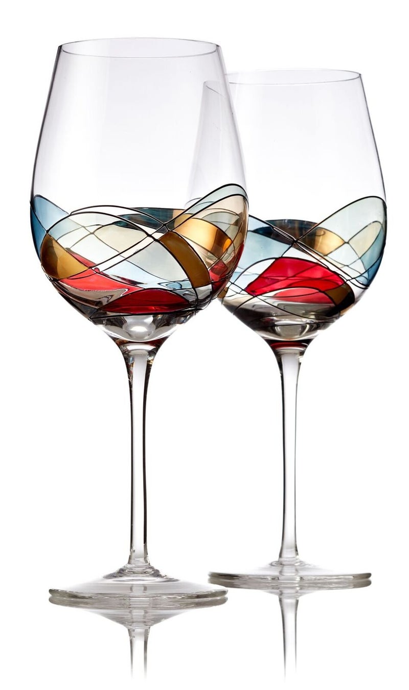 Bezrat Red Wine Glasses Set of 2, Hand Painted Wine Glass, Drinkware Essentials, 11" H, 28oz Wine Lover Large Glass, Glassware Gifts Ideas for Women Inspired by 'Duomo di Milano' Mothers Day (Red) - Image 1